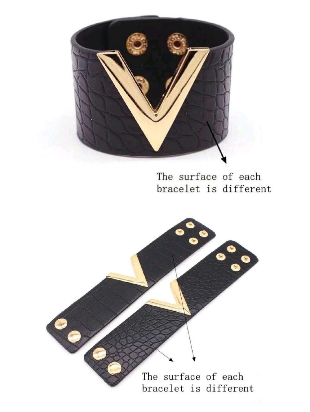 Punk Cuff Bracelet Grunge Gothic Glam V Design Black Gold Snap Closure Bracelet - Picture 3 of 4